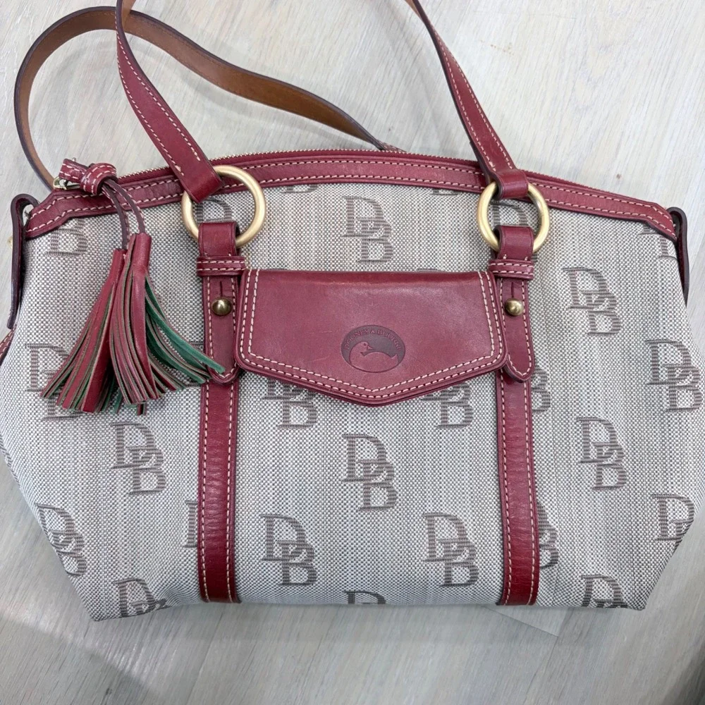 Dooney & Bourke Signature Monogram Canvas Satchel Burgundy Leather Trim 33906721